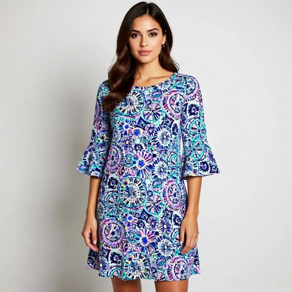 Lilly Pulitzer Shift Dress Bell Sleeve Round Neck Colorful Print XS‎